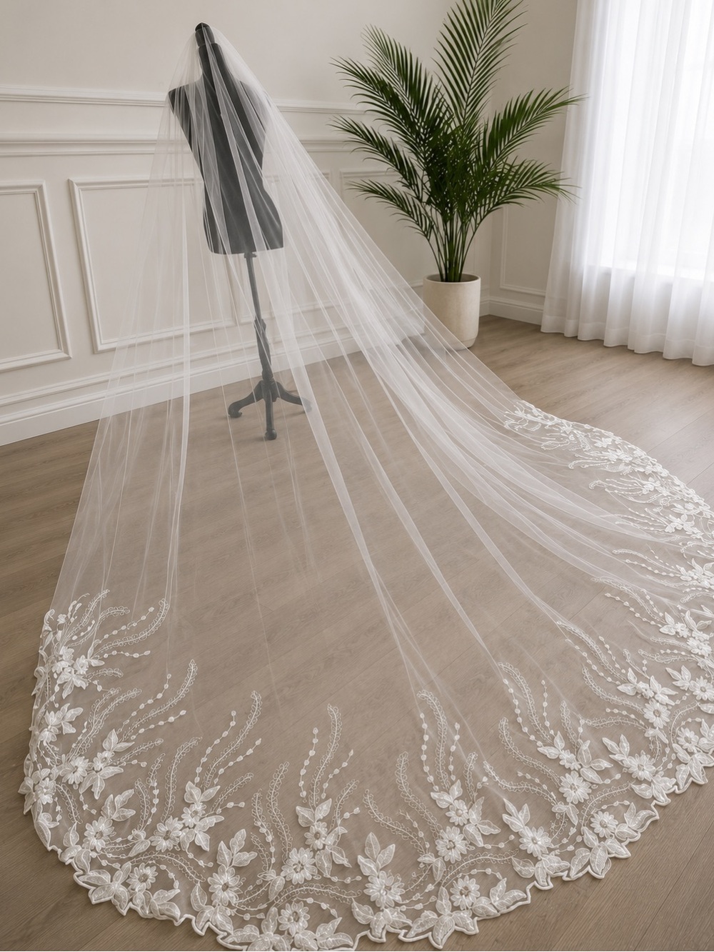 Elegant White Lace Edge Bridal Veil with Floral Embroidery